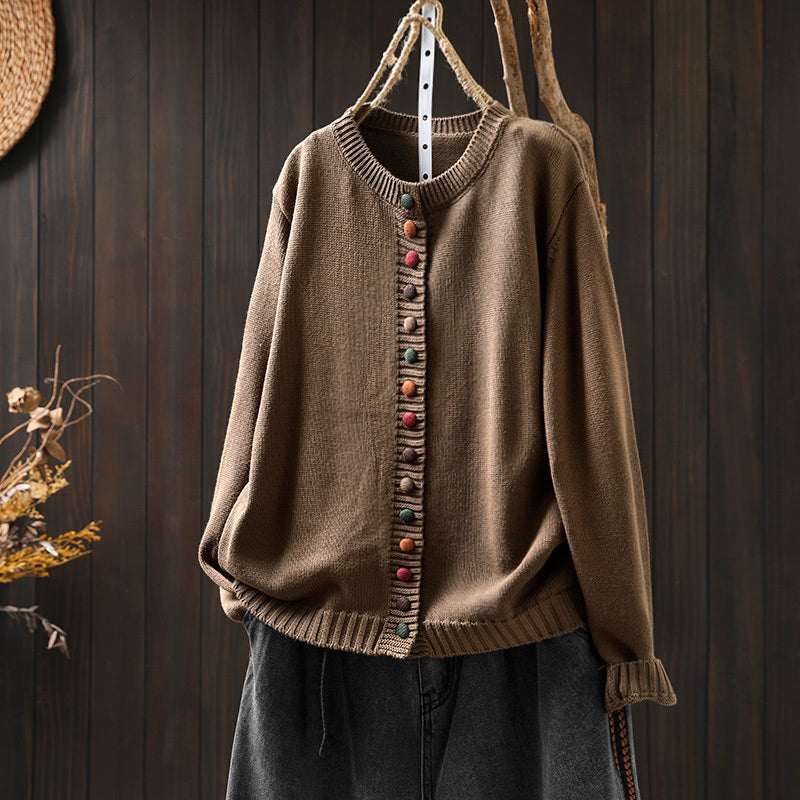 Women's Colorful Button Cotton Sweater Cardigan Loose-fitting Slimming Coat