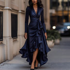 V-neck Waist Trimming Ruffles Elegant Dress