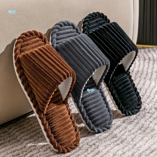Men's Corduroy Striped Open Universal Indoor Corduroy Slippers Hover Image