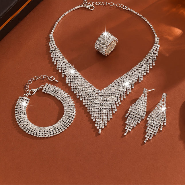 Elegant Luxury Jewelry Set Silver Plated Rhinestones