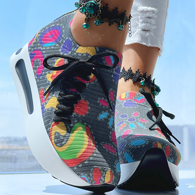 Women's Random Print Side Lace-Up Elastic Sport Shoes, Comfortable Slip-On Sneakers For Women, Casual Daily Wear Footwear Main Image