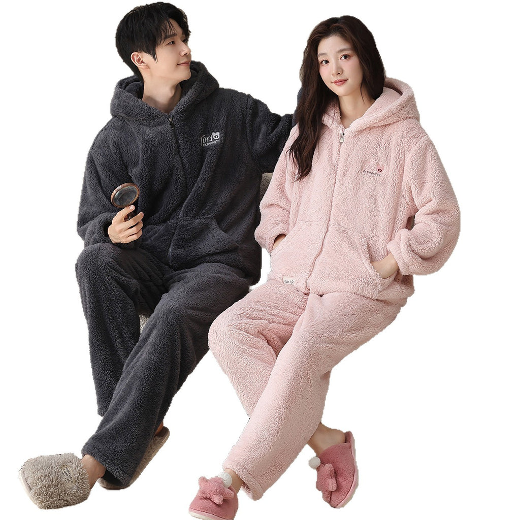 Plush Couple Pajamas Women's Winter Casual Zipper Hooded Outerwear Men's Homewear Suit