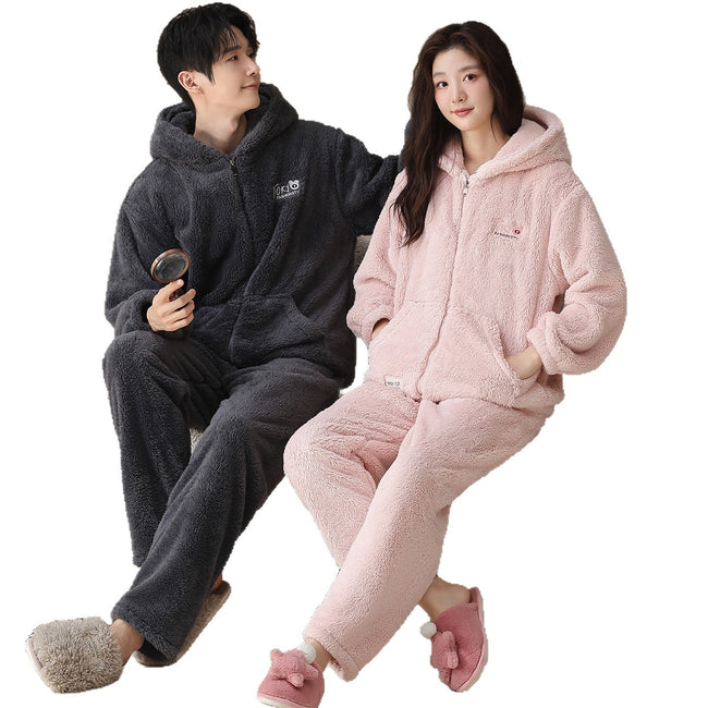 Plush Couple Pajamas Women's Winter Casual Zipper Hooded Outerwear Men's Homewear Suit Main Image