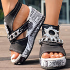 Newspaper Buckle Denim Wedge Slides - Anklet Not Included