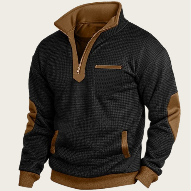 Men's Waffle Contrast Color Pocket Zipped Stand Collar Sweatshirt Hover Image