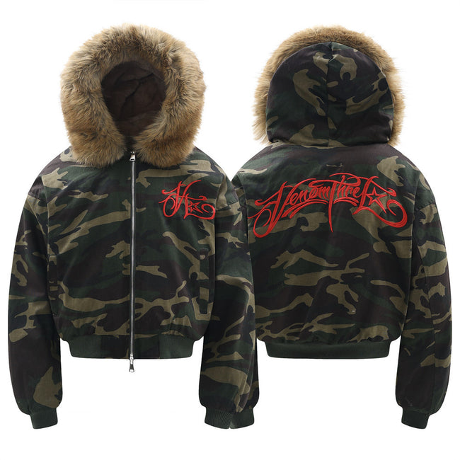 Letter Embroidered Camouflage Hooded Velvet Cotton Clothes Coat Hover Image
