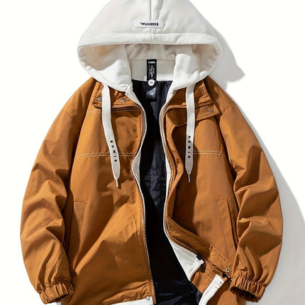Men's Hooded Windbreaker Jacket Color Block Zipper Pockets