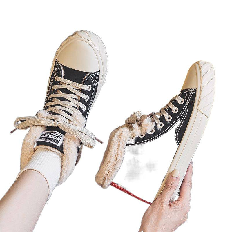 Women's Warm Black Winter Thick Flat High-top With Velvet Canvas Shoes