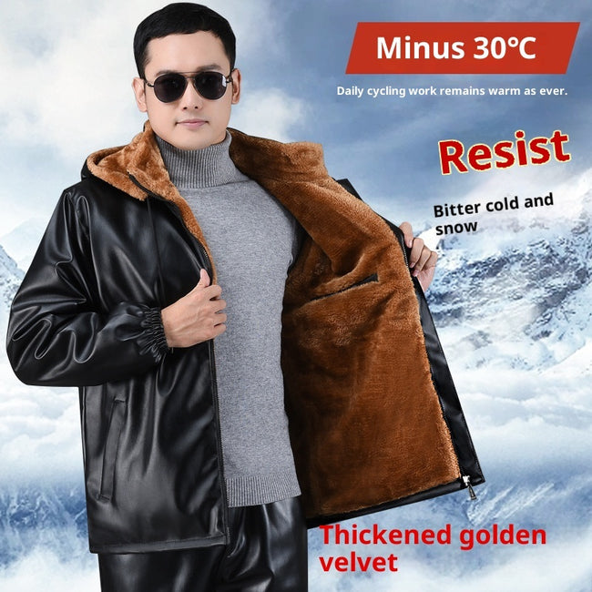 Winter Fleece-lined Plus Thick And Wide Leather Coat For Men Hover Image