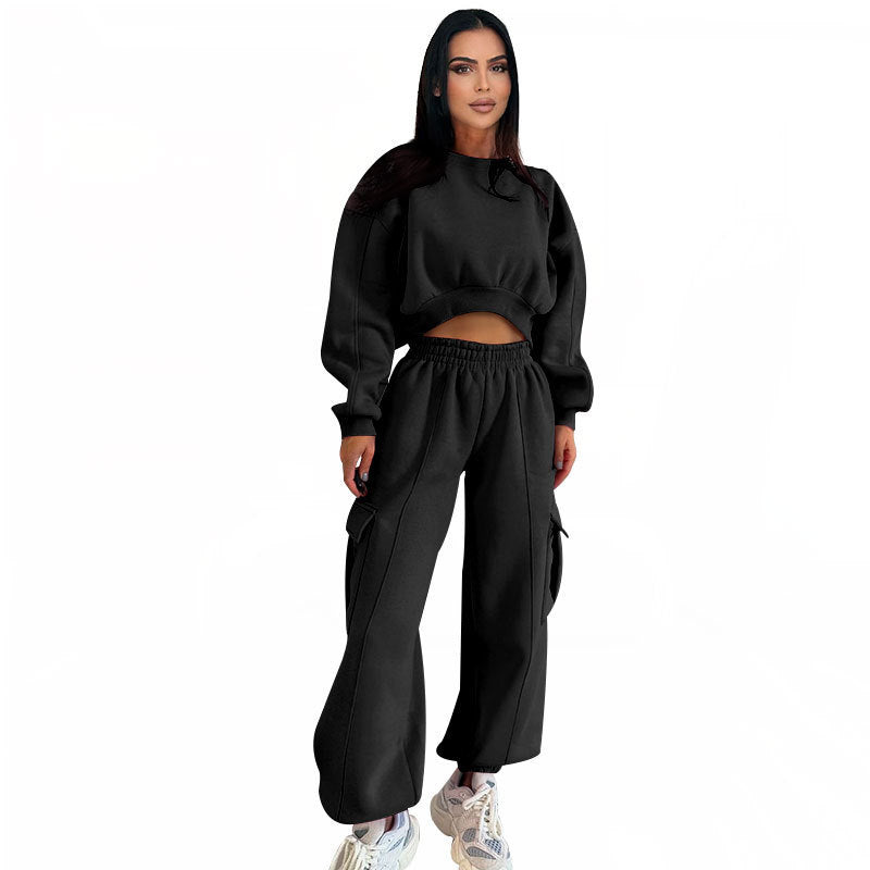 European And American Autumn New Round Neck High Waist Sweater Pocket Loose Sweatpants Suit