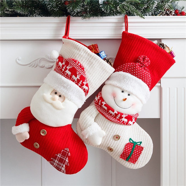 Large Red White Knitted Christmas Stocking Santa Claus Fireplace Decor Socks Xmas Gift Bags Candy Holder Decor For Home Hover Image