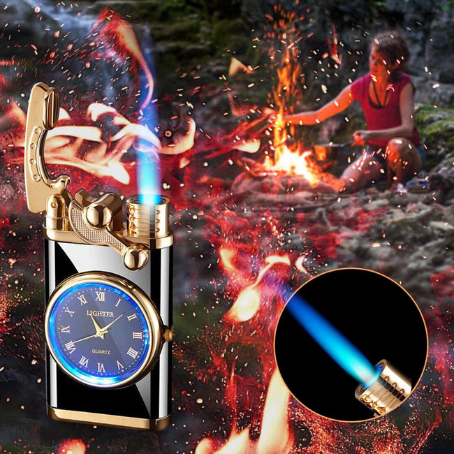 New Lighter With Electric Watch Rocker Arm Automatic Ignition Straight Blue Flame Lighter Creative Real Dial Inflatable Windproof Lighter Men's Watch Gift Hover Image