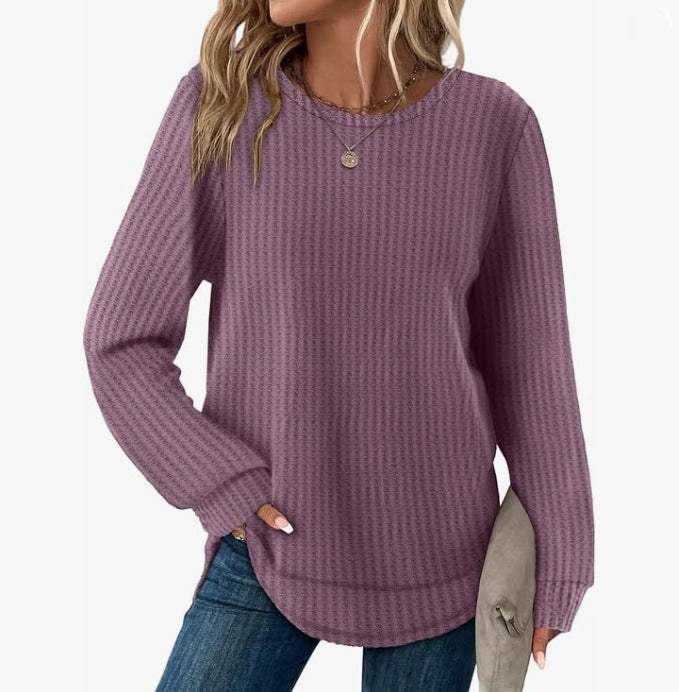 Waffle Loose Round Neck High And Low Curved Hem Top