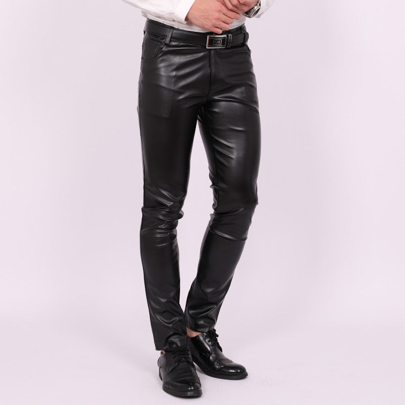 Men's Skinny Pants Tight Elastic Trend Motorcycle Male Nightclub Leather Pants