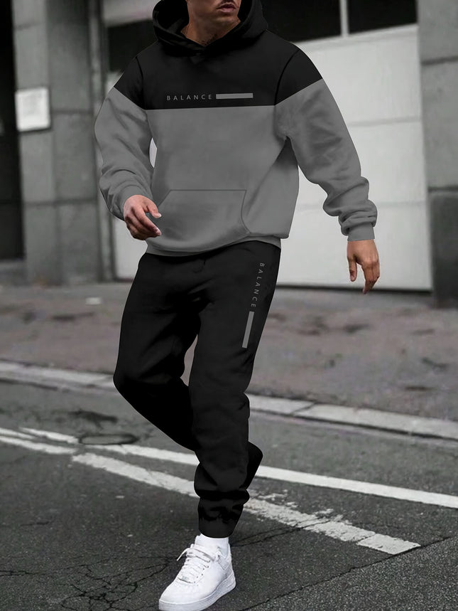 Mens Fall Polyester Hooded Sweatsuit Set Patchwork Print
