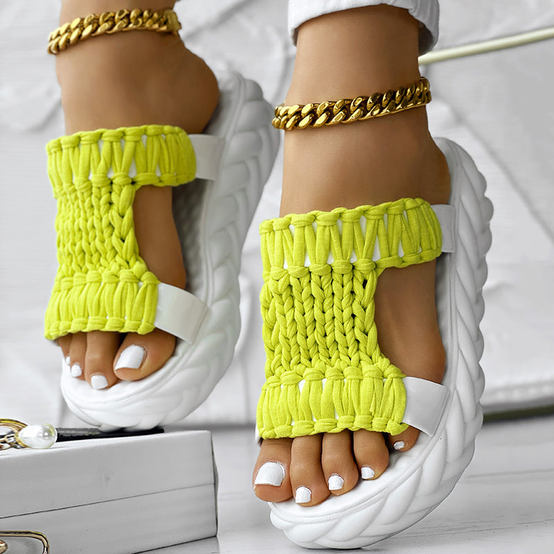 Platform Sandals Summer Braided Knit Hollow Open Toe Slipper Sandals - Anklet Not Included