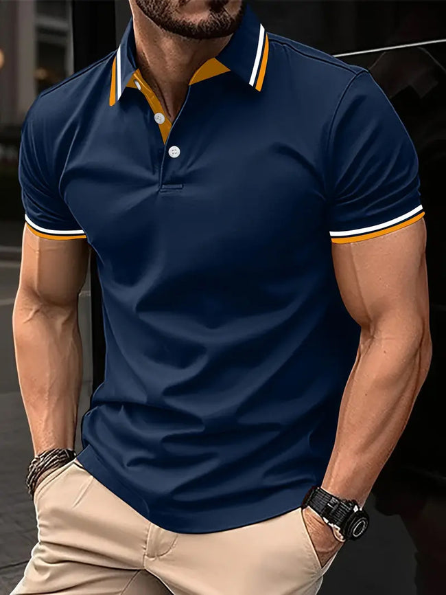 Men's Slim-fit Ribbed Striped Lapel Button Solid Color Stitching T-shirt Top Main Image