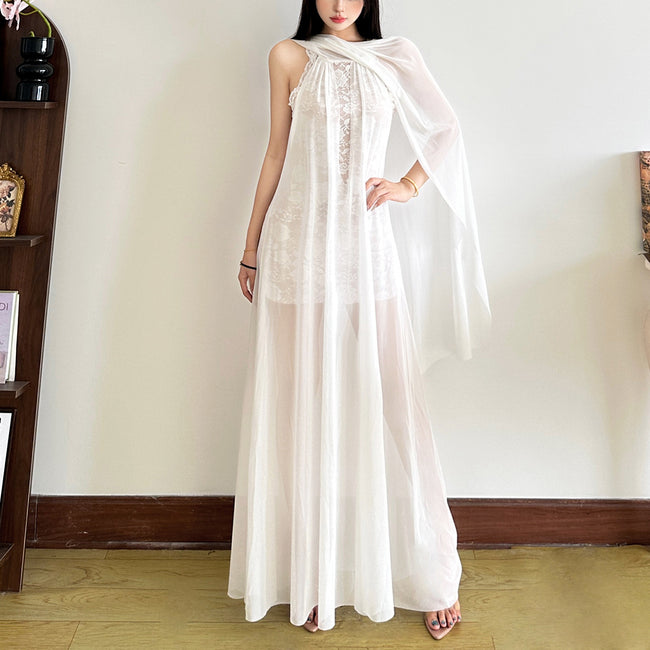 New Women's Sexy Halter Lace Stitching Dress Hover Image