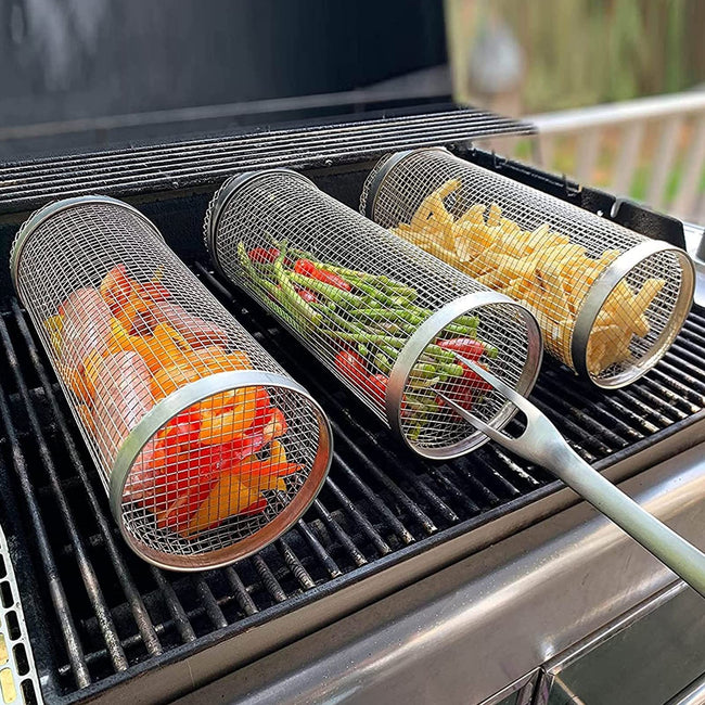 Rolling Grilling Basket Metal BBQ Barbecue Basket Net Portable Outdoor Camping Barbecue Rack Kitchen Gadgets Hover Image