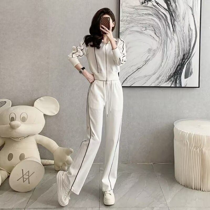 Trend Slimming And Short Zipper Sweater Wide Leg Trousers Two-piece Set