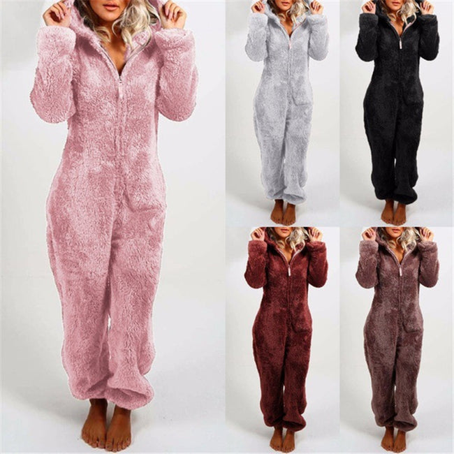 Fleece-lined Thickened Furry Jumpsuit Hooded Pajamas Hover Image
