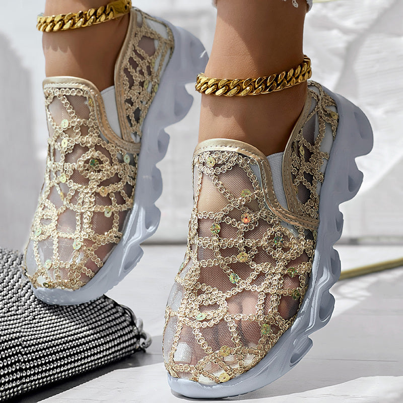 Contrast Glitter Transparent Mesh Patch Breathable Sneakers - Without Ankle Strap