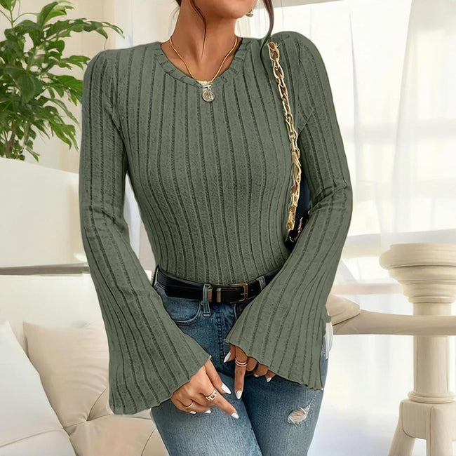 Women's Long Bell Sleeve T-Shirt, Fall Fashion Knit Pullover Top With Crew Neck, Lightweight Going Out Casual Blouse Main Image