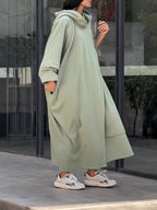 Sage Green Oversized Cape Dress With Hooded Design