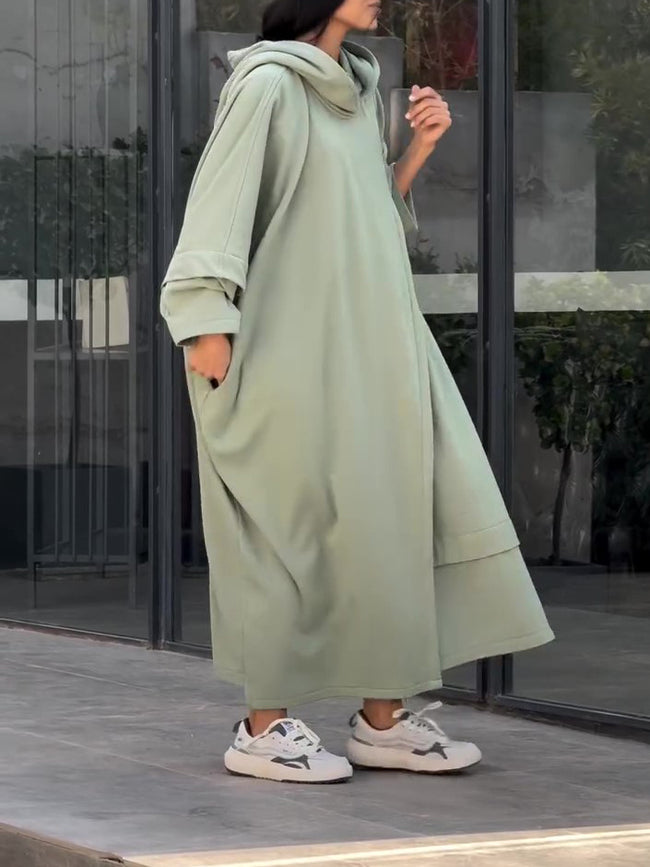 Sage Green Oversized Cape Dress With Hooded Design Main Image