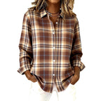 Women's Long-sleeved Lapel Plaid Button Shirt Top