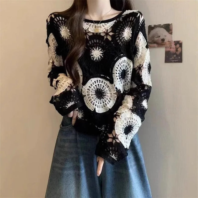 Hollow Crocheted Round Neck Long Sleeve Knitted Sweater Main Image