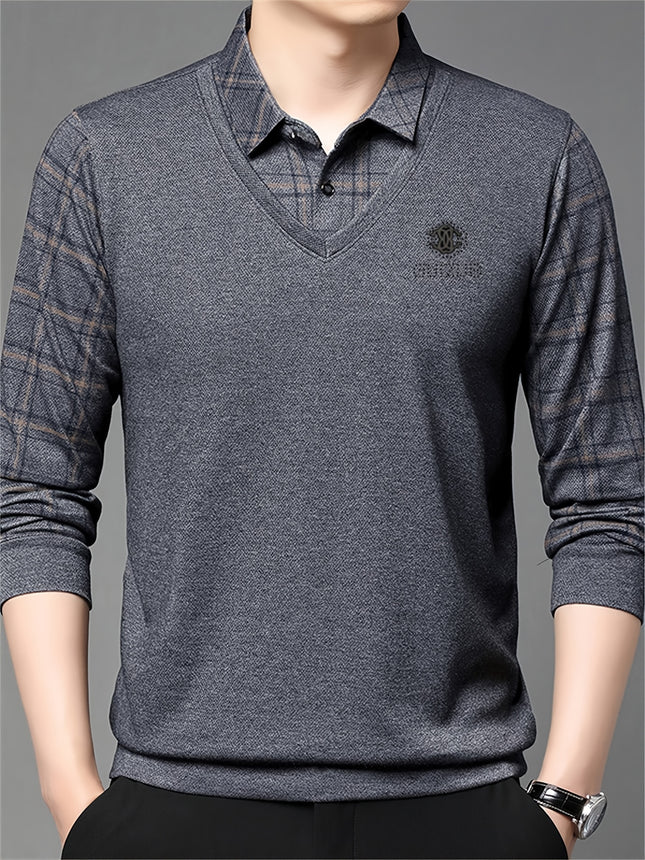 Men Long Sleeve Faux Two Piece Polo Shirt For Spring Fall