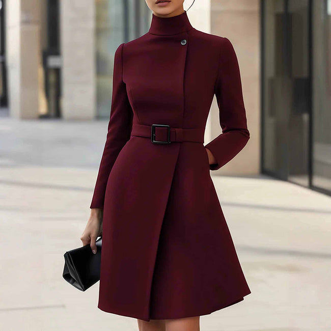 Women's Stand Collar Long Sleeve Dress, Elegant High Waist Belted Midi Dress, Slim Fit Office Formal Dress Hover Image
