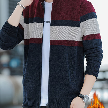 Mens Color Block Knitted Cardigan Zip Up Winter Sweater