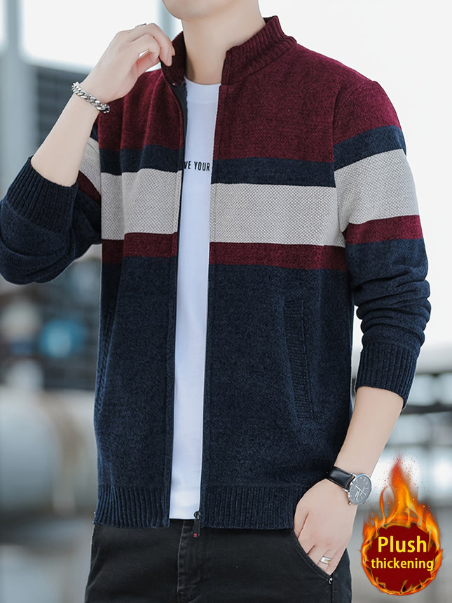 Mens Color Block Knitted Cardigan Zip Up Winter Sweater