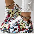 Women's Casual Round Toe Thick Sole Lace-Up Sneakers, Random Print Design, Comfortable Sporty Shoes For Daily Wear