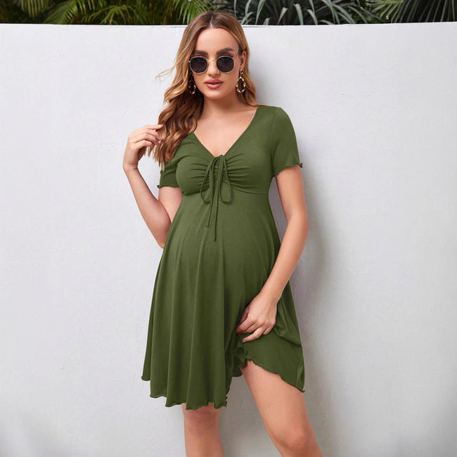 V-neck Short-sleeved Dress With Drawstring At Chest Main Image