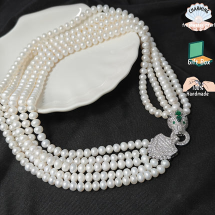 Mens Multilayer Freshwater Pearl Necklace Leopard Clasp
