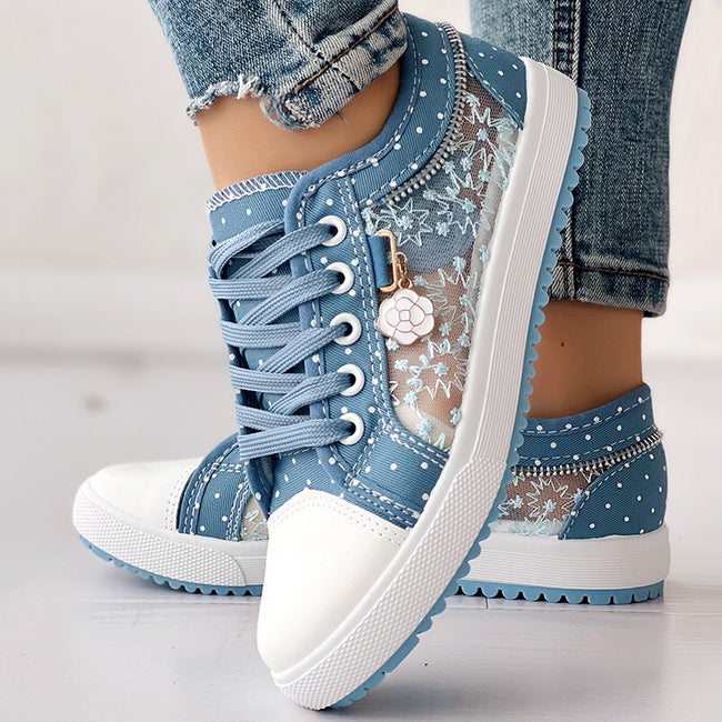 Floral Embroidered Polka Dot Print Sneakers Hover Image