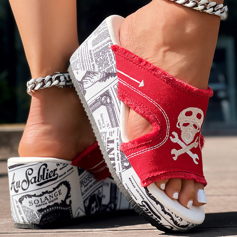 Newspaper Skull Original Hem Platform Wedge Slides - Anklet Not Included
