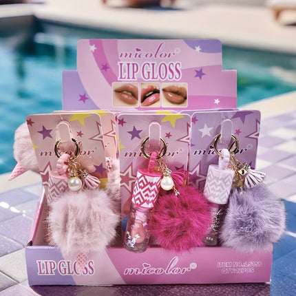 Cute Lip Gloss Set Fluffy Pom Charms Three Pink Shades