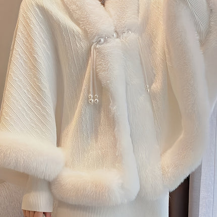 Elegant Plush Faux Fur Trim Cape Shawl Coat Winter Warmth