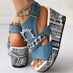 Newspaper Buckle Denim Wedge Slides - Anklet Not Included