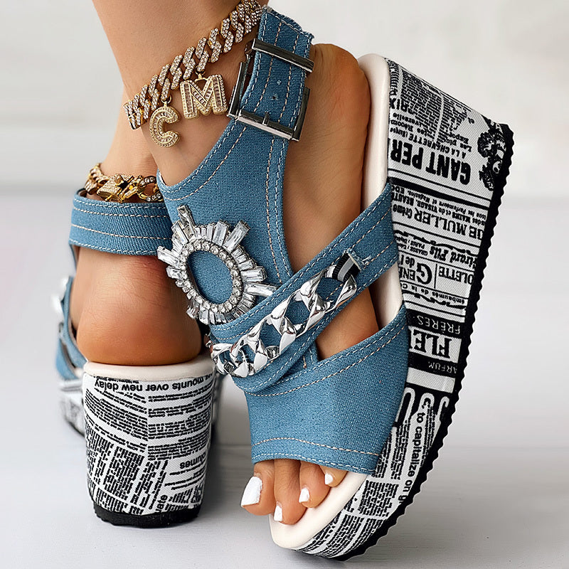 Newspaper Buckle Denim Wedge Slides - Anklet Not Included