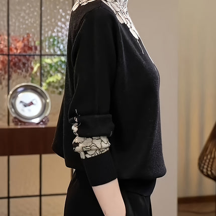 Women's High Neck Floral Jacquard Sweater Long Sleeve