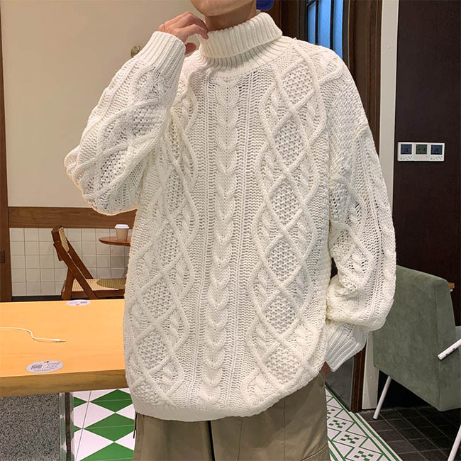 Japanese-style Retro Green Jacquard Turtleneck Sweater Hover Image
