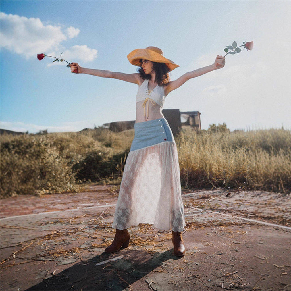 French Style Gentle Low Waist Breasted Denim Stitching Lace A- Line Dress