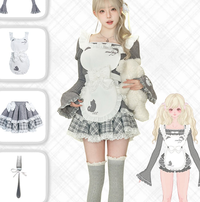 Gray Knitted Top Kitten Embroidered Apron Gray Knitted Cake Dress Main Image