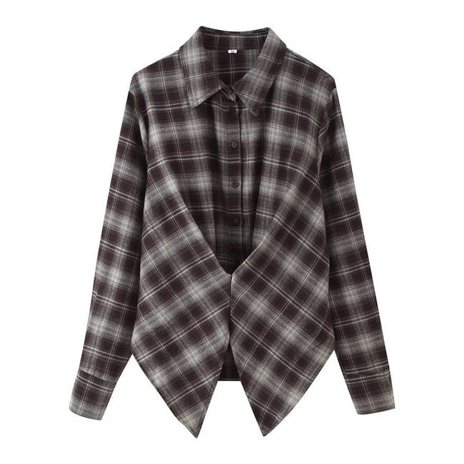 Women's Loose Lapels Waist-controlled Long Sleeves Plaid Shirt Hover Image
