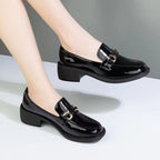 Dark Green Glossy Chunky Heel Metal Buckle Loafers For Women